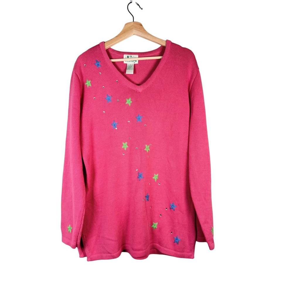 The Quaker Factory Pink Star‎ Sequin V Neck Long Sleeve Sweater Knit Top size M